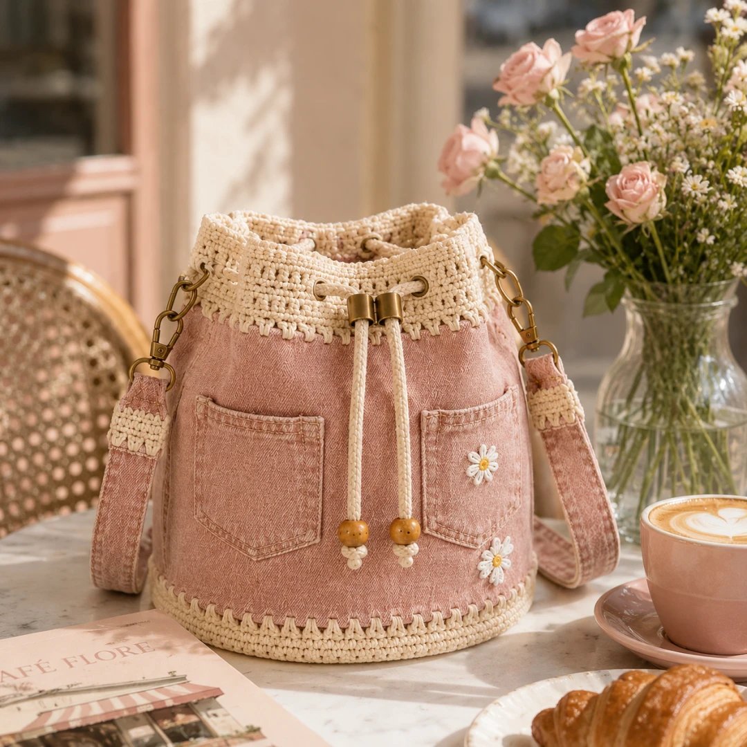 🔥Offerta imperdibile! Sconto del 50%!✨👜Borsa a secchiello in denim lavorata all'uncinetto a mano