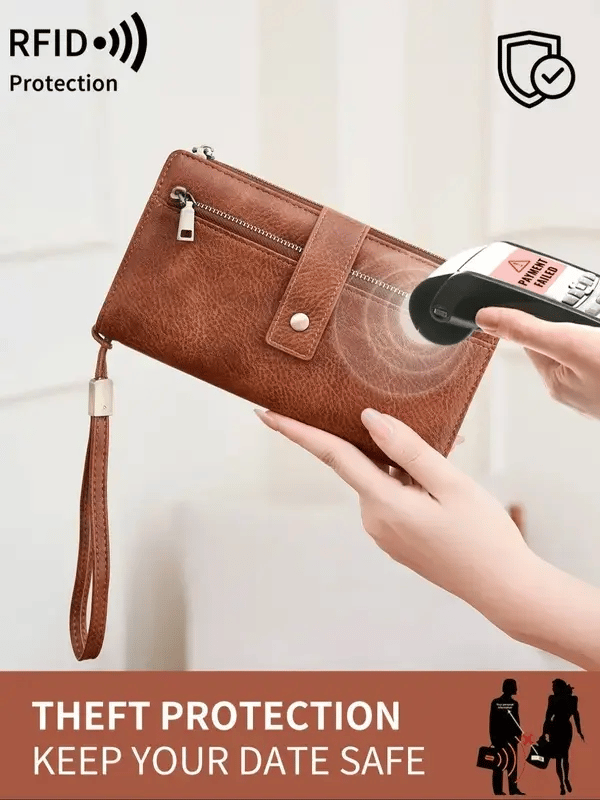 🔥Portafoglio lungo da donna, pochette elegante, portafoglio con protezione RFID in tinta unita.