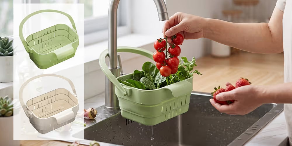 Scolapasta retrattile da appendere – Filtro per lavello da cucina rinforzato e cestello per lavare frutta e verdura