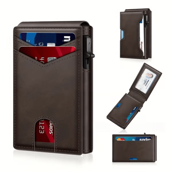 💼🔒 Portafoglio minimalista da uomo in alluminio premium con protezione RFID – Accesso rapido alle carte (pop-up) e finestra per documenti