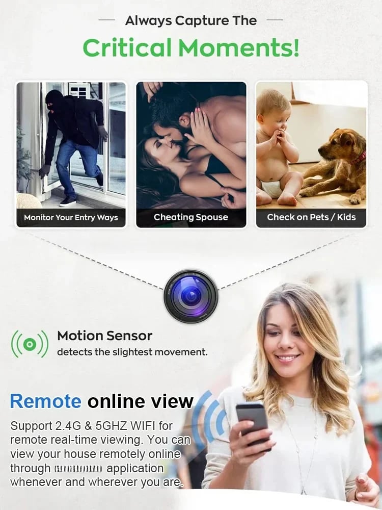 📸 Mini telecamera wireless 1080P: dimensioni ridotte (come una moneta), installabile ovunque, monitoraggio remoto in tempo reale tramite smartphone.