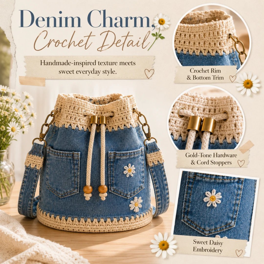 🔥Offerta imperdibile! Sconto del 50%!✨👜Borsa a secchiello in denim lavorata all'uncinetto a mano