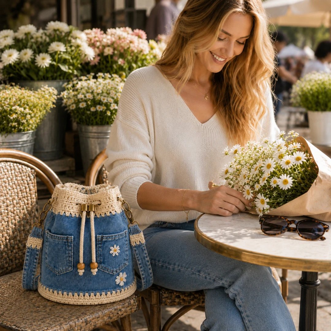 🔥Offerta imperdibile! Sconto del 50%!✨👜Borsa a secchiello in denim lavorata all'uncinetto a mano
