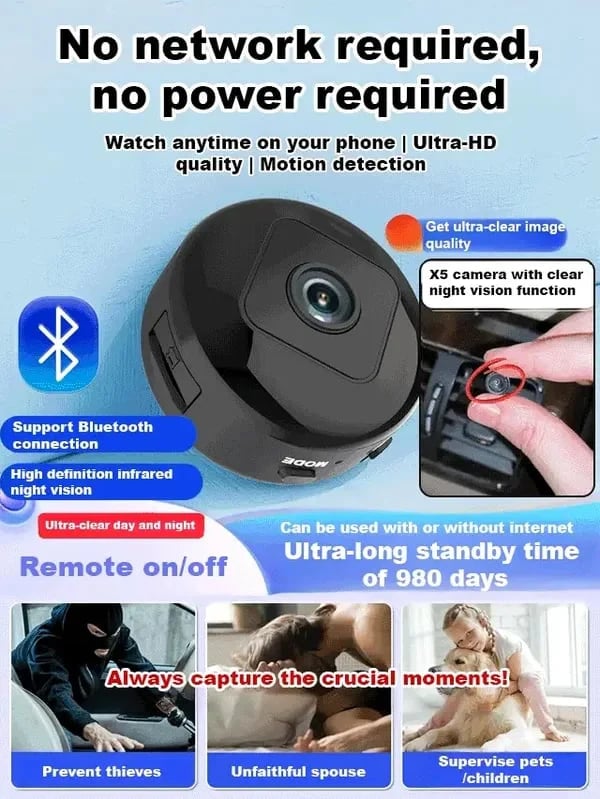 📸 Mini telecamera wireless 1080P: dimensioni ridotte (come una moneta), installabile ovunque, monitoraggio remoto in tempo reale tramite smartphone.