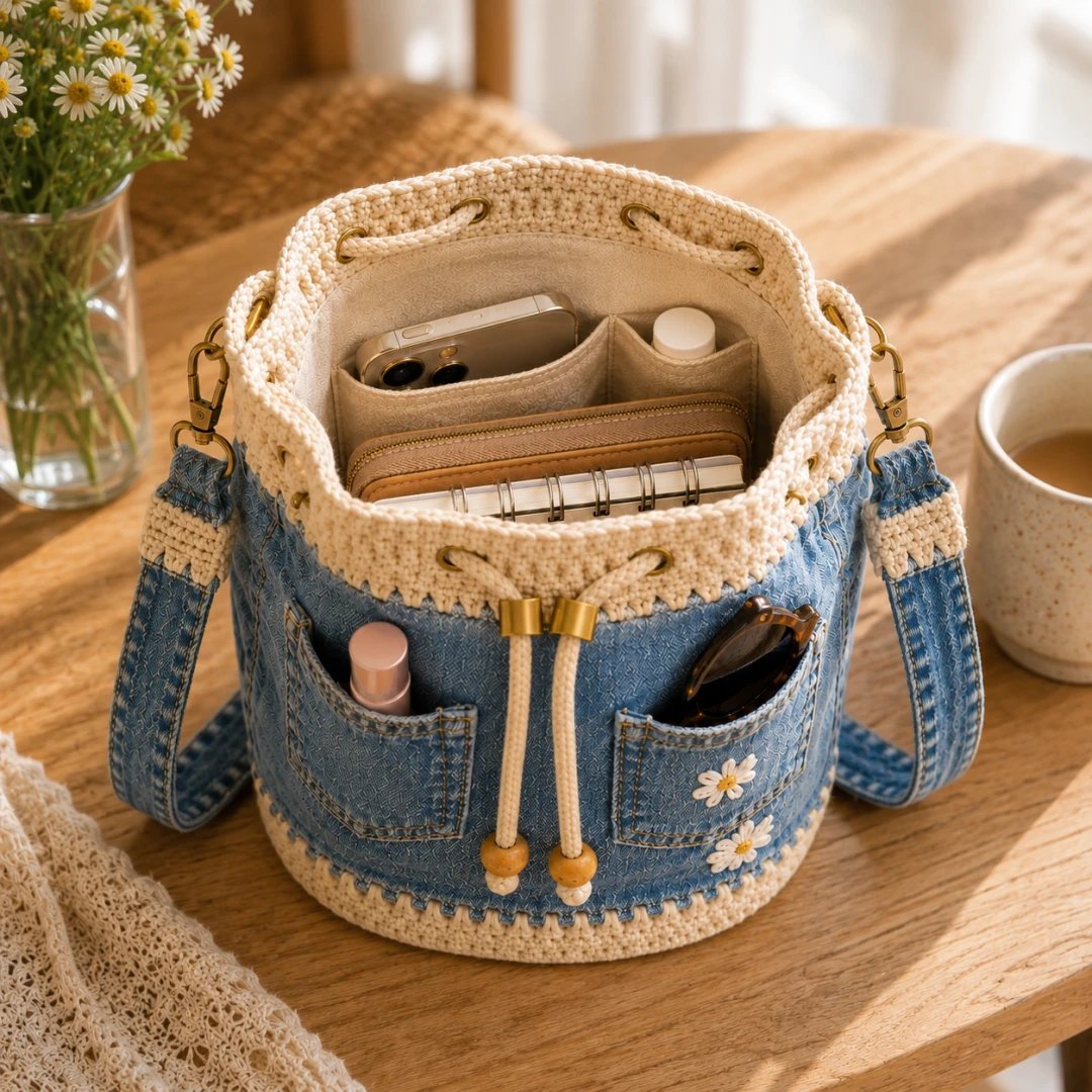 🔥Offerta imperdibile! Sconto del 50%!✨👜Borsa a secchiello in denim lavorata all'uncinetto a mano