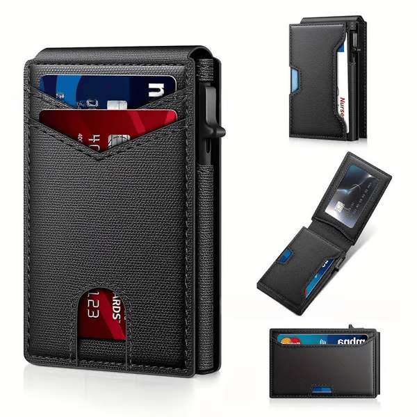 💼🔒 Portafoglio minimalista da uomo in alluminio premium con protezione RFID – Accesso rapido alle carte (pop-up) e finestra per documenti