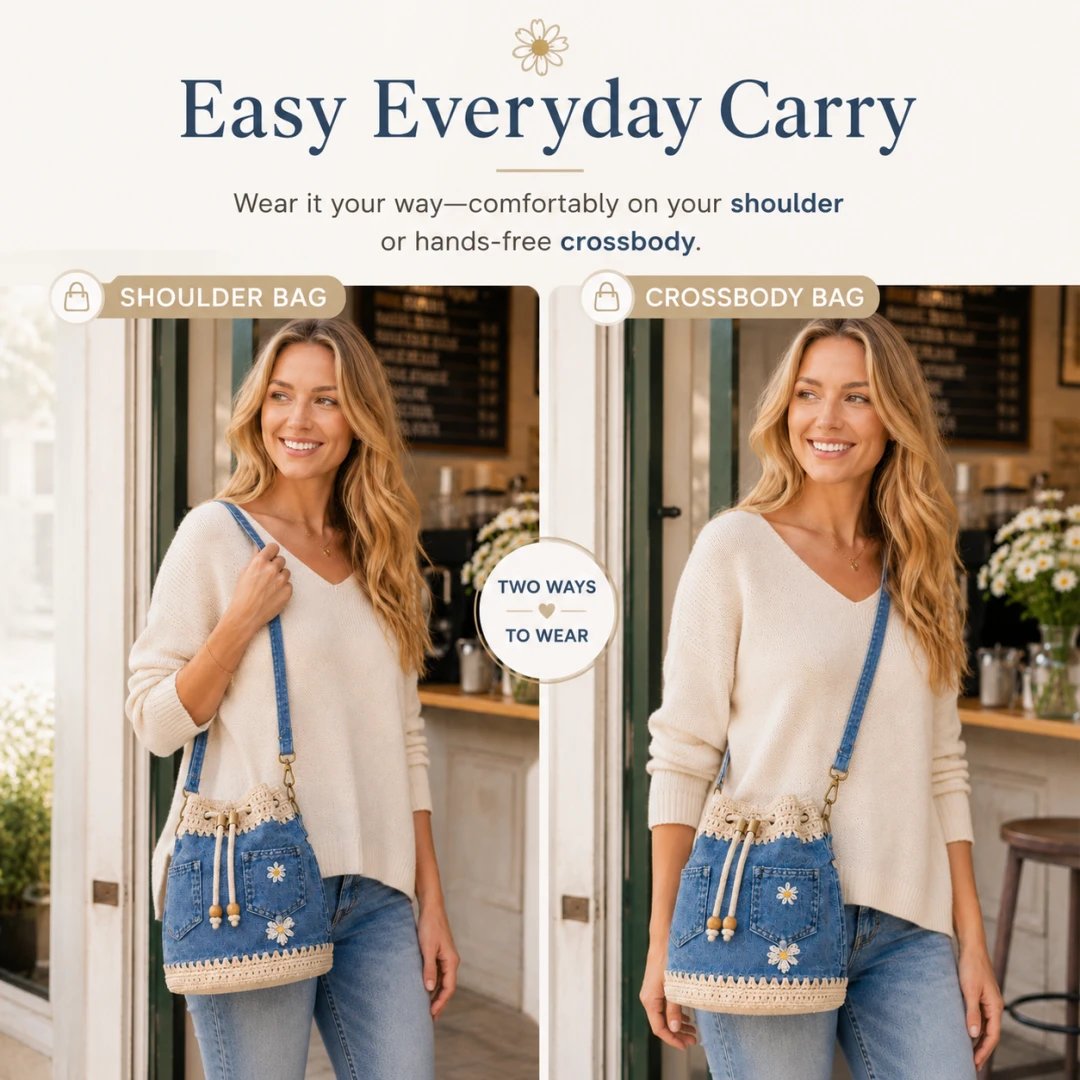 🔥Offerta imperdibile! Sconto del 50%!✨👜Borsa a secchiello in denim lavorata all'uncinetto a mano